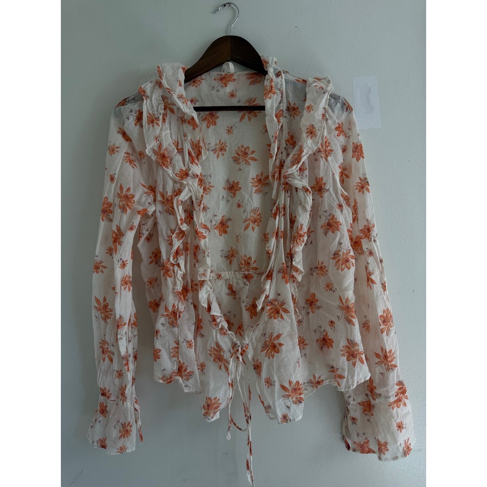 Free People Orange Floral Ruffle Wrap Blouse Long Sleeve Tie Waist Top Medium